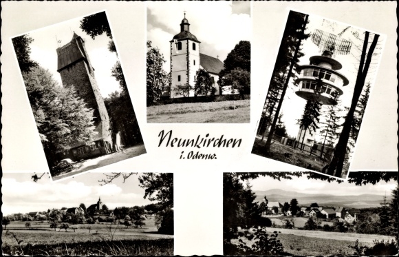 Ak Neunkirchen im Odenwald Modautal, kerk, zendmast, panorama