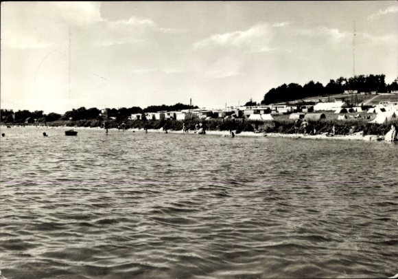 Postcard Putbus on the island of Rügen, campsite, beach, water, vacationers, trees, sky, Rügen