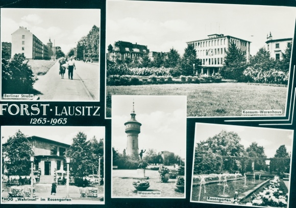Giant Postcard Forst in Lower Lusatia, consumer goods store, Berliner Strasse, water tower