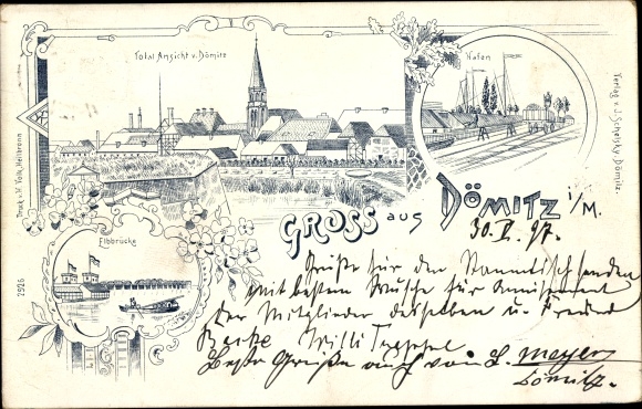 Chromo-Litho Dömitz on the Elbe Mecklenburg, general view, Elbe bridge, harbour