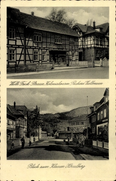Postcard Wutha Farnroda, Wilh. Frick Street, view of the Kleiner Horselberg, Richard Zellmann shop