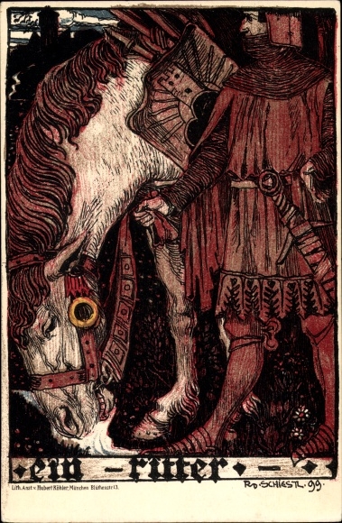 Artist Chromo-Litho Schiestl, Rudolf, A knight with horse, brother of Matthäus