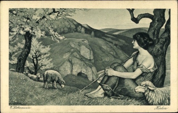 Artist Postcard Liebermann, Ernst, Shepherdess, Young girl with her sheep