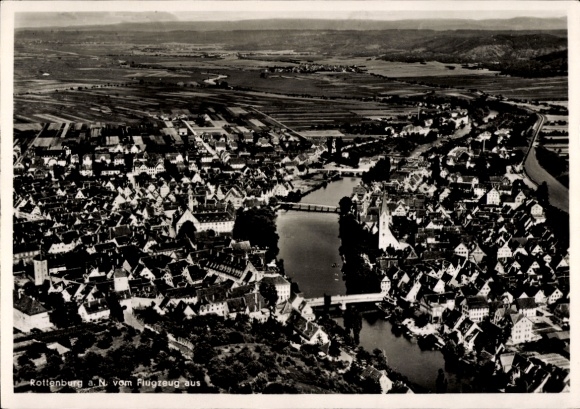 KP Rottenburg am Neckar, widok z lotu ptaka na Rottenburg, widok na miasto, rzekę, most, architekturę