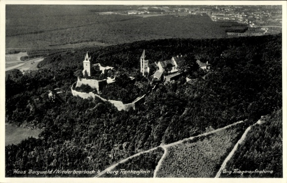 Postcard Nieder Beerbach Mühltal in the Odenwald, Castle Frankenstein, House Burgwald/Niederbeerbach, aerial photograph