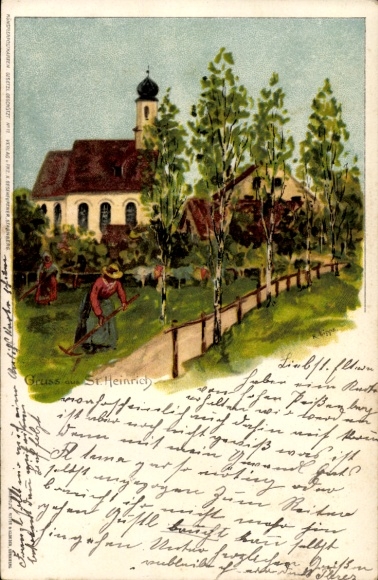 Artist Postcard Lippe, K., Sankt Heinrich Münsing am Starnberger See, village with church, mowing