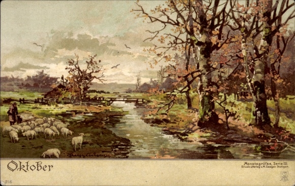 Postcard Allegory, Month October, Sheep, River, Shepherd, Trees