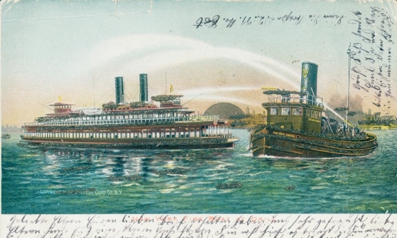Glitter Postcard tugboat and steamer, fire brigade, fire