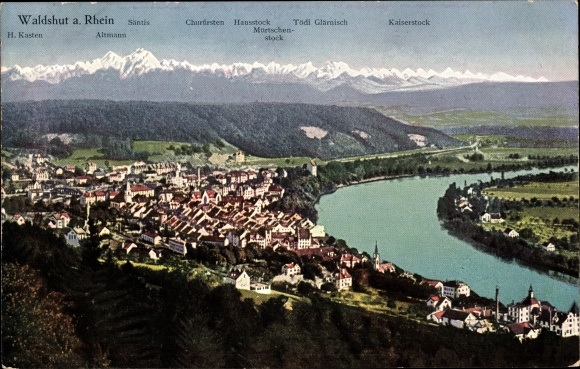 Postcard Waldshut Tiengen on the High Rhine Baden Wuerttemberg, Säntis, Bahnhof Hotel Waldshut