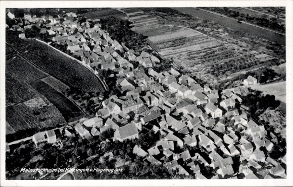 Postcard Mainstockheim in Lower Franconia Bavaria, aerial view of houses, vineyards in the background