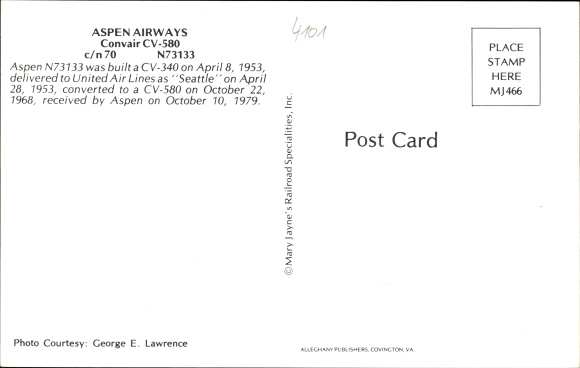 Postcard American passenger plane, Aspen Airways, Convair CV-580