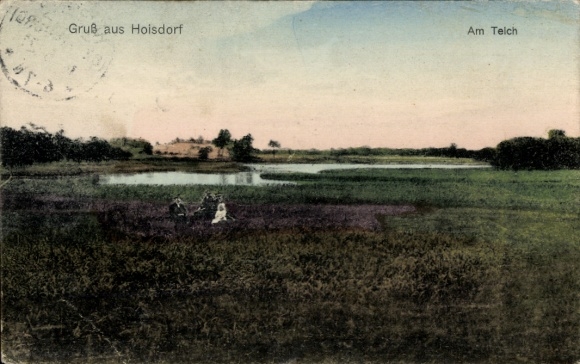Postcard Hoisdorf in Schleswig-Holstein, landscape with lake, people in nature, soft colors