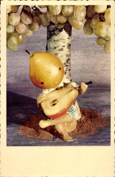Postcard Humanized pear, grapes