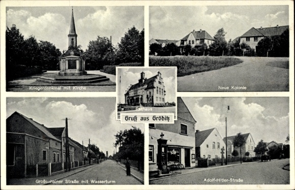 Ak Gröditz in Sachsen, Adolf Hitler Straße, neue Kolonie, Rathaus, Kirche, Großenhainer Straße