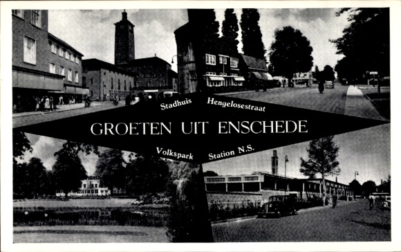 Postcard Enschede Overijssel Netherlands, Town Hall, Hengelosestraat, Volkspark, NS-Bahnhof