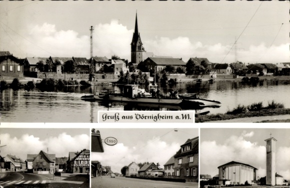 Postcard Dörnigheim am Main, panorama, ferry, church, street section, Esso gas station