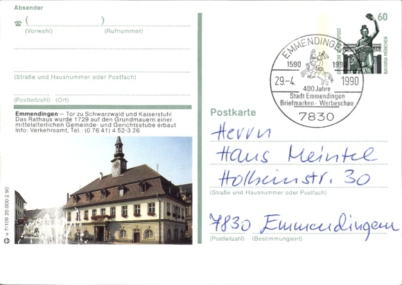 Postwaardekaart Emmendingen in Baden, markt met stadhuis en fontein