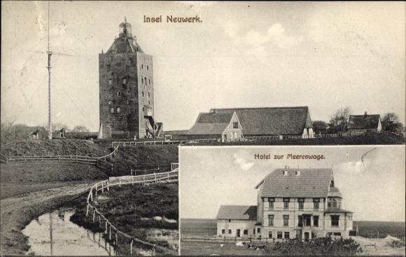 Postcard Insel Neuwerk, lighthouse, Hotel zur Meereswoge