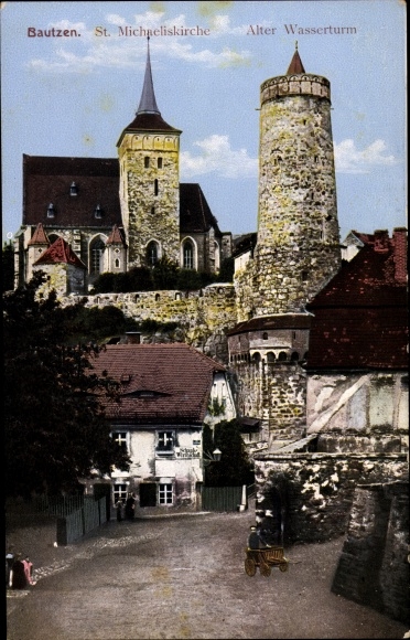 Postcard Bautzen in Lusatia, St. Michaeliskirche, old water tower, pub