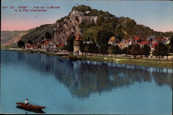 Ak Givet Ardennes,  Blick auf die Maas, Fort Charlemont, Wasser, Boote
