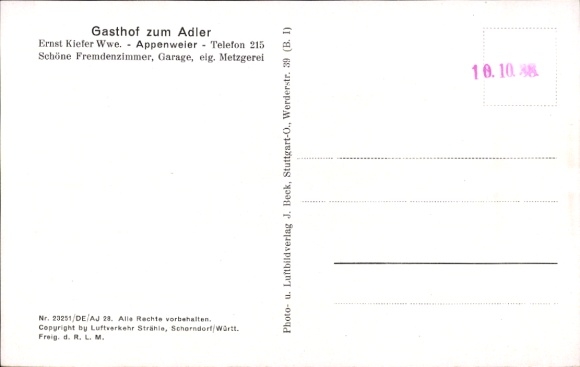 Postcard Appenweier in Baden Schwarzwald, aerial photograph, inn and butcher shop at the Black Eagle