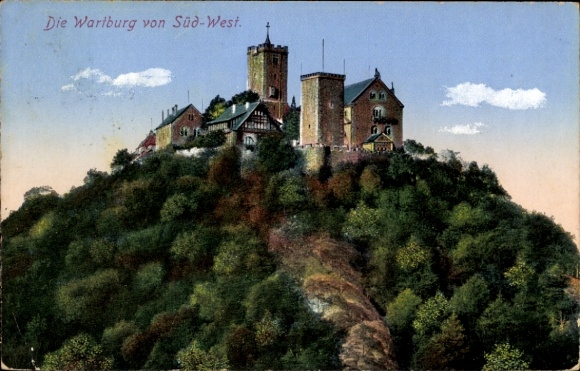 Postcard Lutherstadt Eisenach Thuringia, Hellthal, The Wartburg, hills, trees, sky, castle