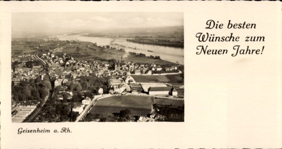 Postcard Geisenheim am Rhein Hesse, aerial view of a city, Rhine river, New Year's wishes