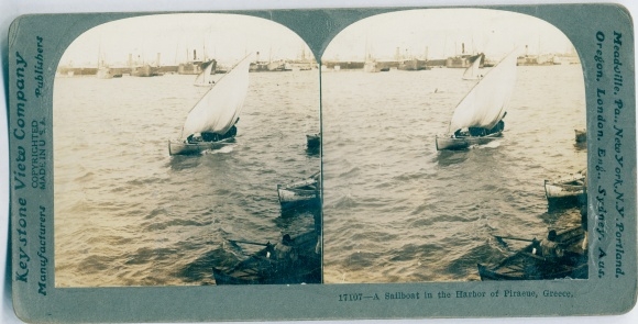 Stereo photo Piraeus Greece, sailboat in harbor