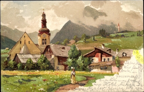 Artist Chromo-Litho Schmohl, P., Sterzing South Tyrol Italy, View of the parish church