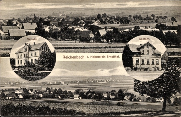 Postcard Reichenbach Callenberg in Saxony, panorama, school, inn
