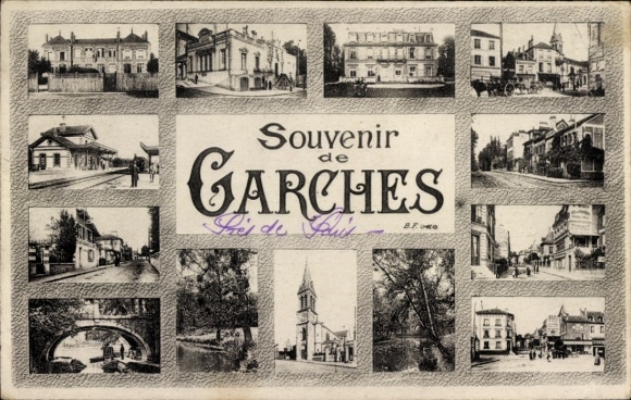 Postcard Garches Hauts de Seine, partial views, train station, bridge, street section, church
