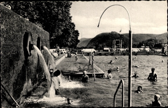 Postcard Bad Hönningen am Rhein, thermal swimming pool, bathers
