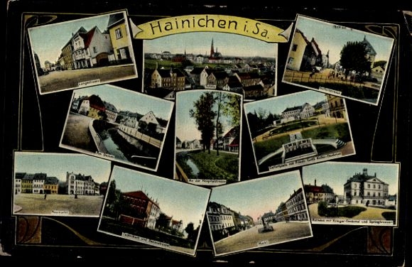 Ak Hainichen in Saksen, Langestrasse, Gellertstrasse, markt, Am Damm, Gellertplatz met monument