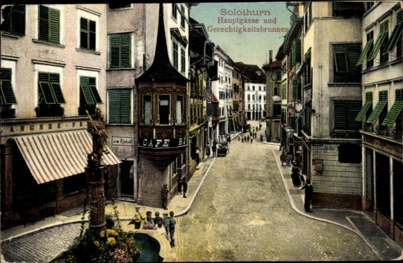 Postcard Solothurn City Switzerland, Hauptgasse, Fountain of Justice