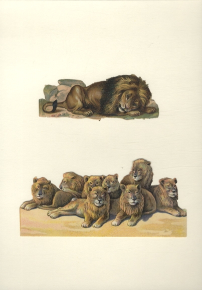 2 Oblaten liegender Löwe und Löwenrudel, Größe ca. 12 x 5 cm , 8 x 17 cm