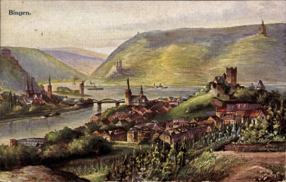 Artist Postcard Bingen am Rhein, general view, Bingerbrück, Elisenhöhe, Niederwalddenkmal