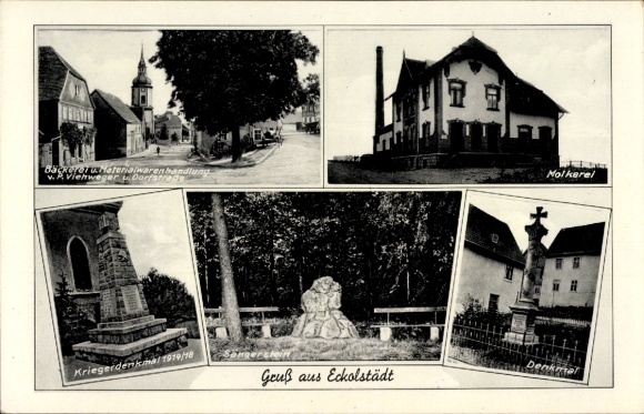 Postcard Eckolstädt Bad Sulza in Thuringia, buildings, monument, dairy, street views, greetings from Eck