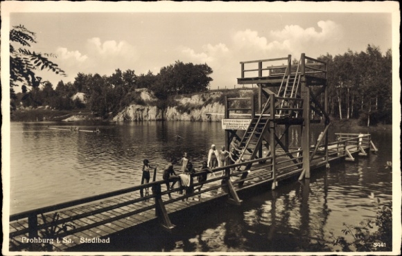 Postcard Frohburg in Saxony, stadium pool, wooden walkway, diving tower, swimmers, trees