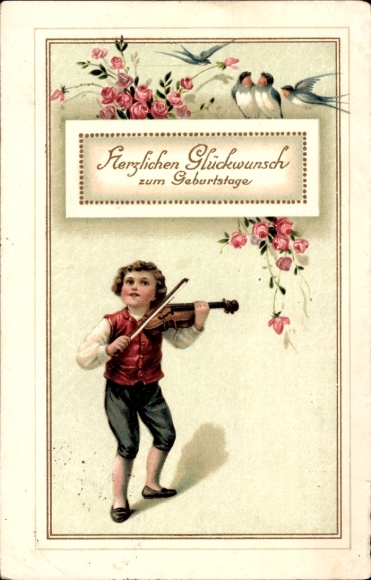 Postcard Happy Birthday, boy with violin, swallows