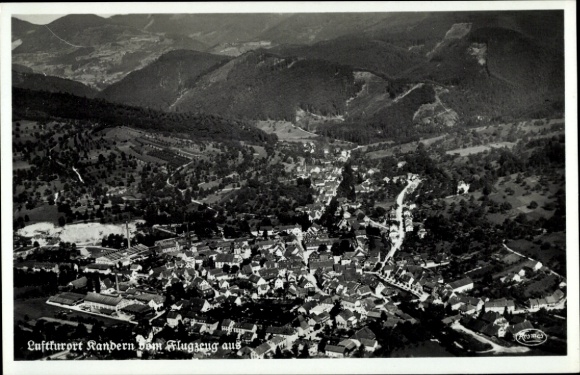 Postcard Kandern in the Black Forest Baden, aerial view of impressive landscape, small town view