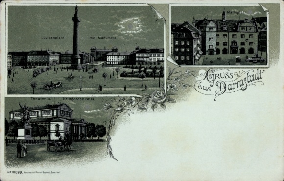 Moonlight Chromo-Litho Darmstadt in Hesse, Louisenplatz, Theater, War Memorial