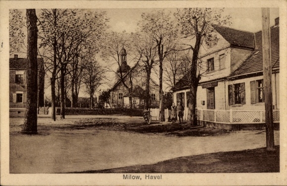 Postcard Milow in Havelland, street section, residential building, residents
