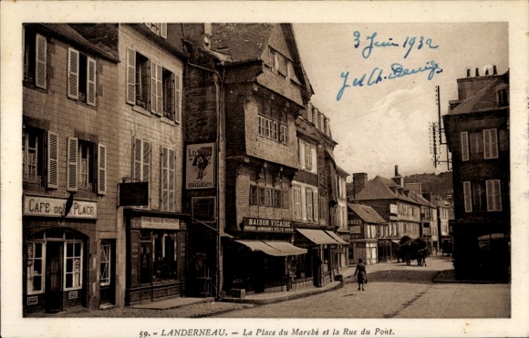 Postcard Landerneau Finistère, Place du Marché, Rue du Pont