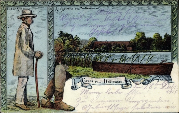 Artist Postcard Mölln in the Duchy of Lauenburg, Ries-Gasthaus, Drüsensee, Fischer Ries