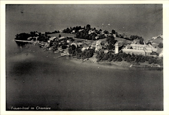 Postcard Frauenchiemsee Fraueninsel Chiemsee Upper Bavaria, aerial photograph