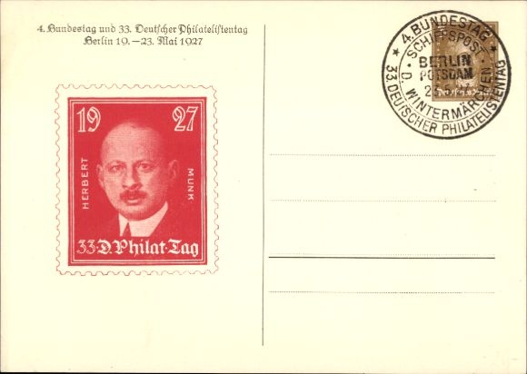 Postwaardestuk Ak 4e Bondsdag en 33e Duitse Filatelistendag 1927, Herbert Munk, GS DR PP 97 C2 06