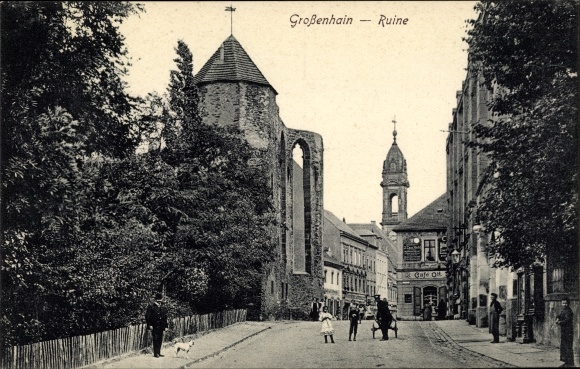 Ak Grossenhain Sachsen, ruïnes, koets, Cafe Ott