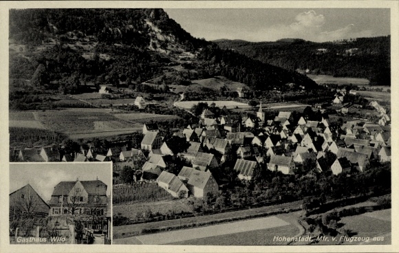 Postcard Hohenstadt in Württemberg, aerial view of Gasthaus Wild, good cuisine, beautiful guest rooms