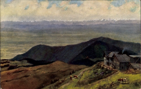 Künstler Ak Soultz Sulz Elsass Haut Rhin, Grand Ballon, Großer Belchen, Gasthaus Belchenkopf, Alpen