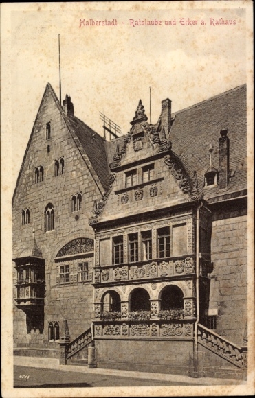 Postcard Halberstadt am Harz, council arbor, bay window, town hall